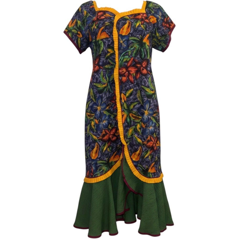 Hand Sewn Tropical Floral Maxi Dress Womens S/M‎ Multicolor Asymmetrical Ruffle